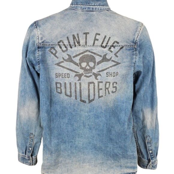 Racing Skull Denim Shirt Mens Size XS Blue Pearl Snap Buttons Point Fuel Speed - Picture 3 of 9